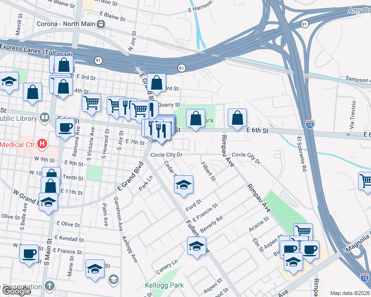 map of restaurants, bars, coffee shops, grocery stores, and more near 1015 Margarita Drive in Corona