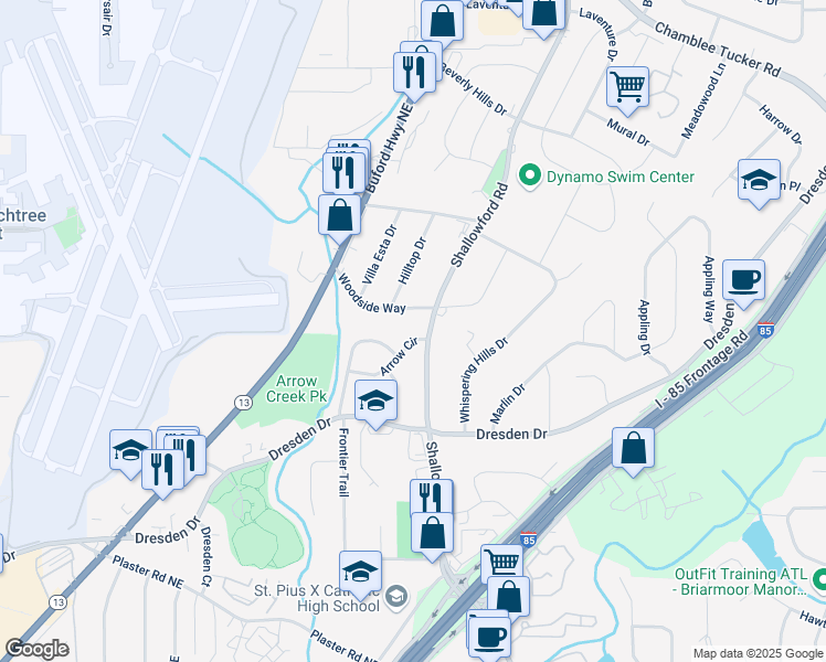 map of restaurants, bars, coffee shops, grocery stores, and more near 2404 Arrow Circle in Chamblee