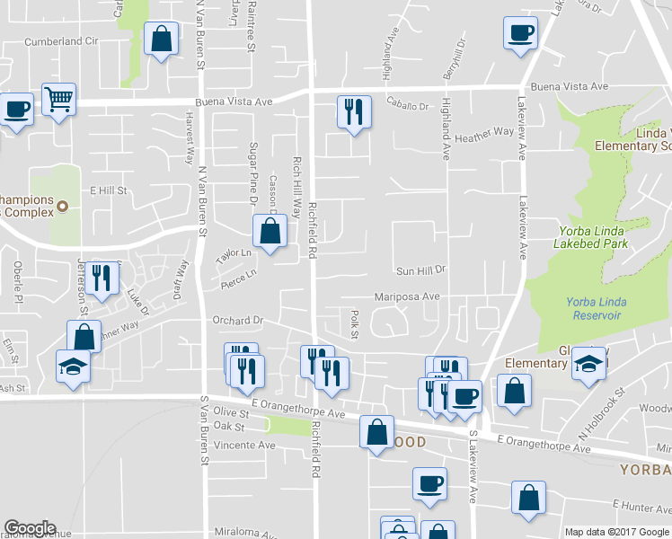 map of restaurants, bars, coffee shops, grocery stores, and more near 17731 Neff Ranch Road in Yorba Linda