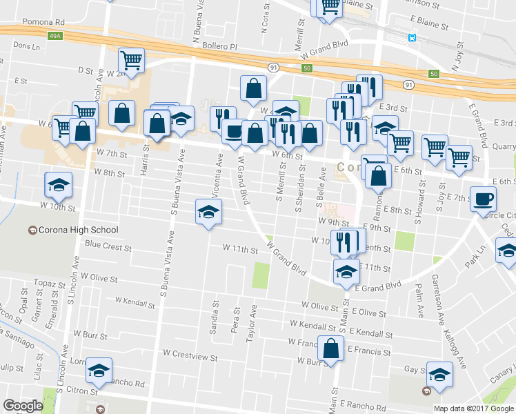 map of restaurants, bars, coffee shops, grocery stores, and more near 527 West 9th Street in Corona