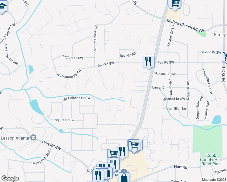 map of restaurants, bars, coffee shops, grocery stores, and more near 1973 Hidden Valley Drive Southwest in Marietta