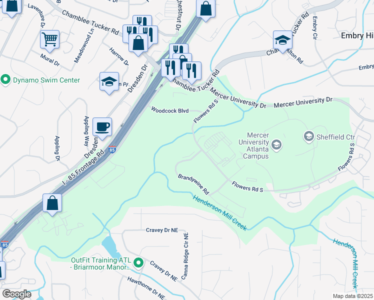 map of restaurants, bars, coffee shops, grocery stores, and more near 2835 Brandywine Road in Atlanta