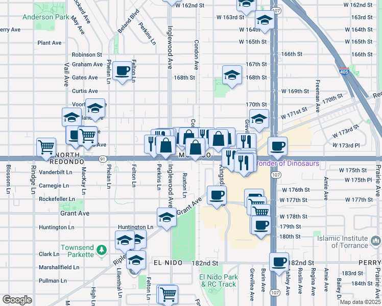 map of restaurants, bars, coffee shops, grocery stores, and more near 4641 Artesia Boulevard in Lawndale