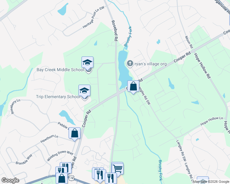 map of restaurants, bars, coffee shops, grocery stores, and more near 715 Cooper Road in Grayson