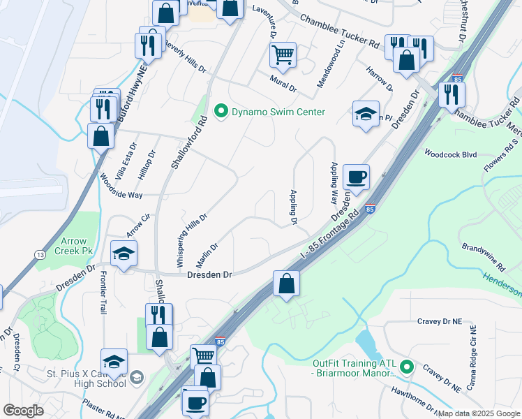 map of restaurants, bars, coffee shops, grocery stores, and more near 3001 Marlin Circle in Atlanta