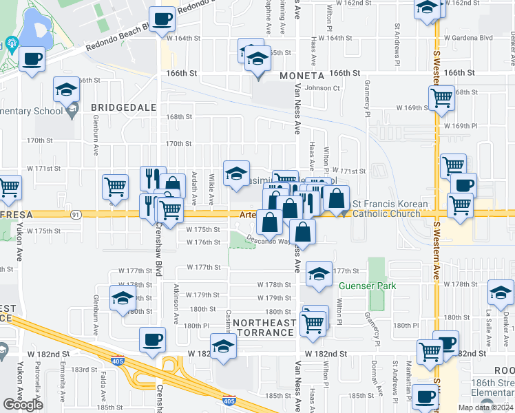 map of restaurants, bars, coffee shops, grocery stores, and more near 2625 Artesia Boulevard in Torrance