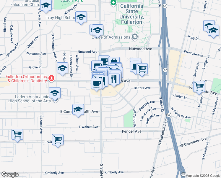 map of restaurants, bars, coffee shops, grocery stores, and more near 2442 East Chapman Avenue in Fullerton