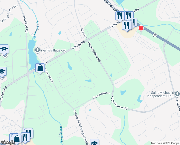 map of restaurants, bars, coffee shops, grocery stores, and more near Cooper Woods Lane in Loganville