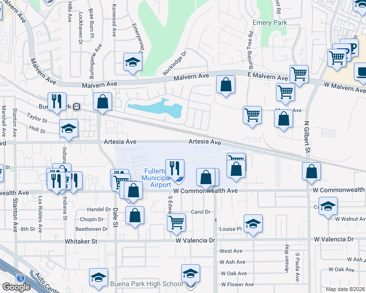 map of restaurants, bars, coffee shops, grocery stores, and more near 3970 Artesia Avenue in Fullerton