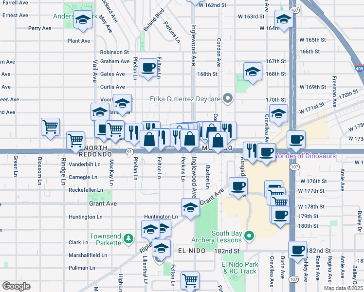 map of restaurants, bars, coffee shops, grocery stores, and more near 2005 Perkins Lane in Redondo Beach