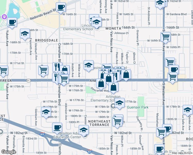 map of restaurants, bars, coffee shops, grocery stores, and more near 2451 Artesia Boulevard in Torrance