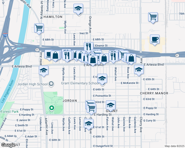 map of restaurants, bars, coffee shops, grocery stores, and more near 6524 Orange Avenue in Long Beach
