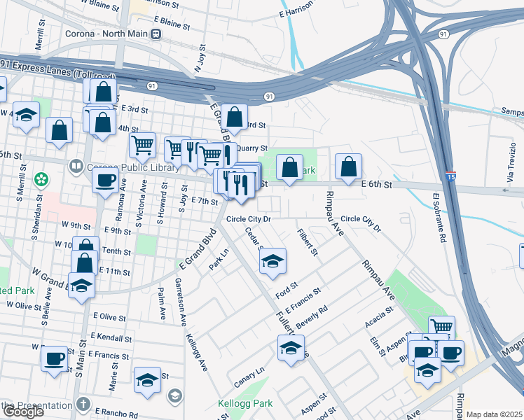 map of restaurants, bars, coffee shops, grocery stores, and more near 995 Margarita Drive in Corona