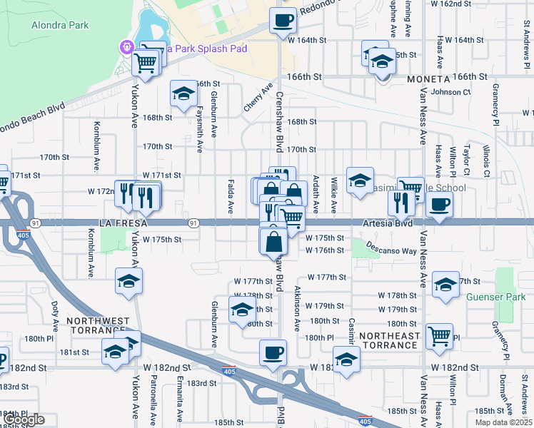 map of restaurants, bars, coffee shops, grocery stores, and more near 3133 Artesia Boulevard in Torrance
