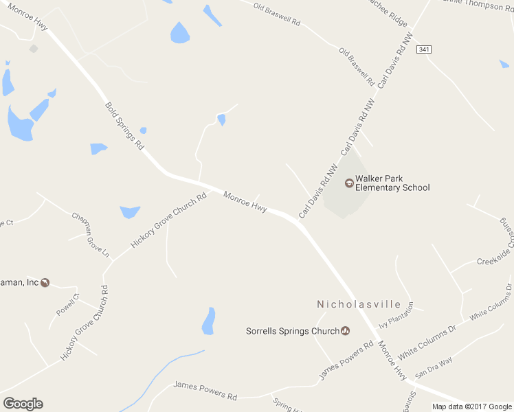 map of restaurants, bars, coffee shops, grocery stores, and more near 3410 Bold Springs Road in Monroe