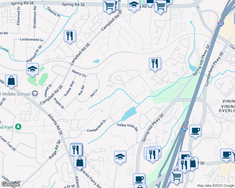 map of restaurants, bars, coffee shops, grocery stores, and more near 3330 Valley Vista Road Southeast in Smyrna