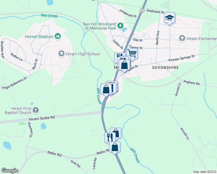 map of restaurants, bars, coffee shops, grocery stores, and more near 1340 Hiram Douglasville Highway in Hiram