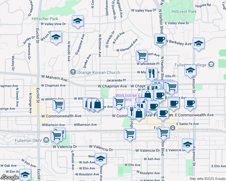 map of restaurants, bars, coffee shops, grocery stores, and more near 351 North Ford Avenue in Fullerton