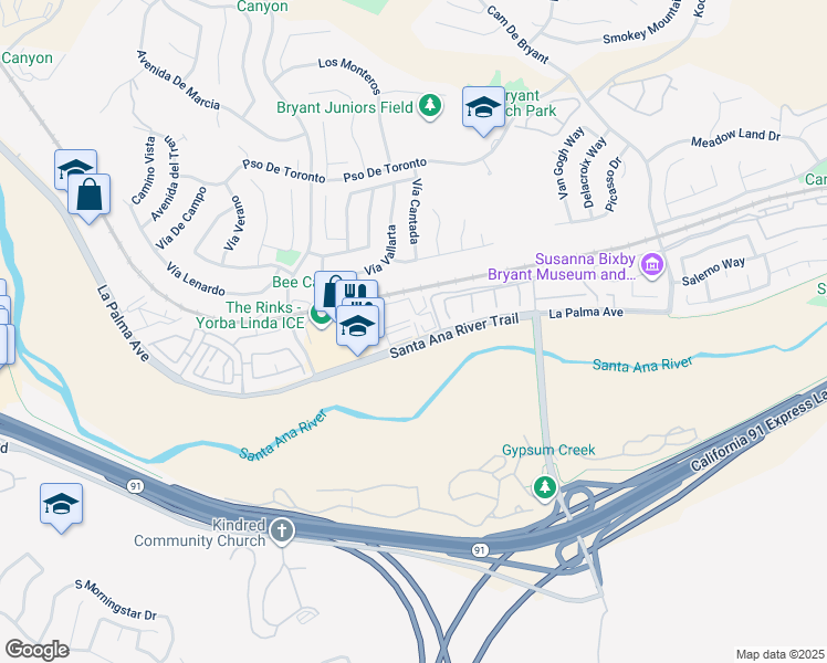 map of restaurants, bars, coffee shops, grocery stores, and more near 24855 Corbit Place in Yorba Linda