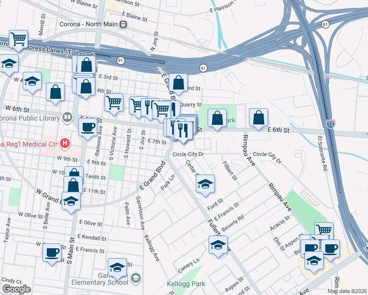 map of restaurants, bars, coffee shops, grocery stores, and more near 803 Circle City Drive in Corona