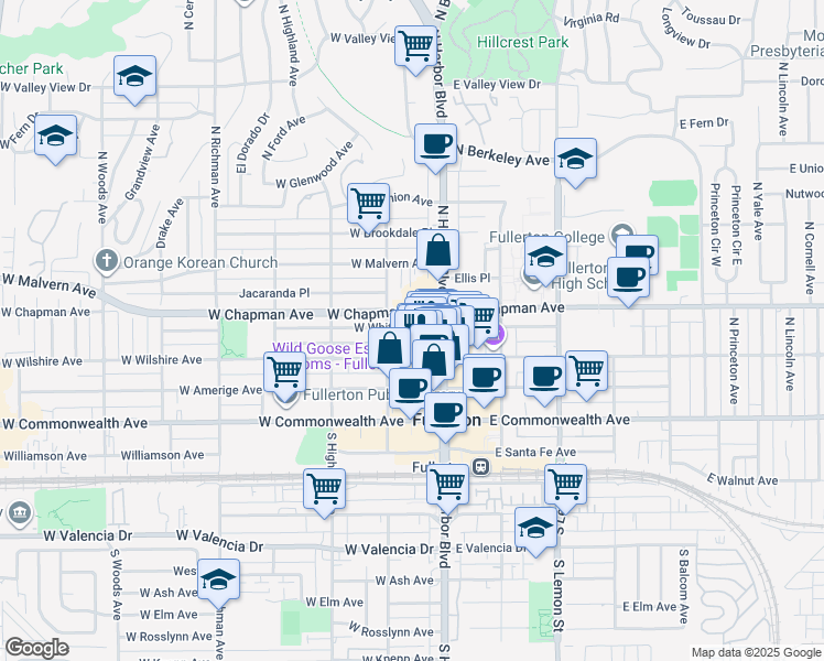 map of restaurants, bars, coffee shops, grocery stores, and more near 126 West Whiting Avenue in Fullerton