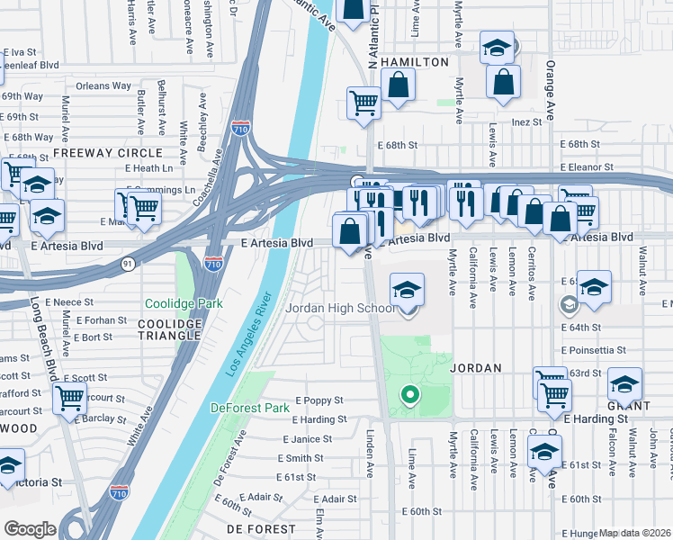 map of restaurants, bars, coffee shops, grocery stores, and more near 6475 Atlantic Avenue in Long Beach