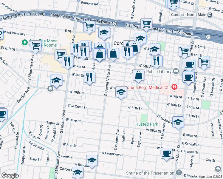 map of restaurants, bars, coffee shops, grocery stores, and more near 838 West 9th Street in Corona