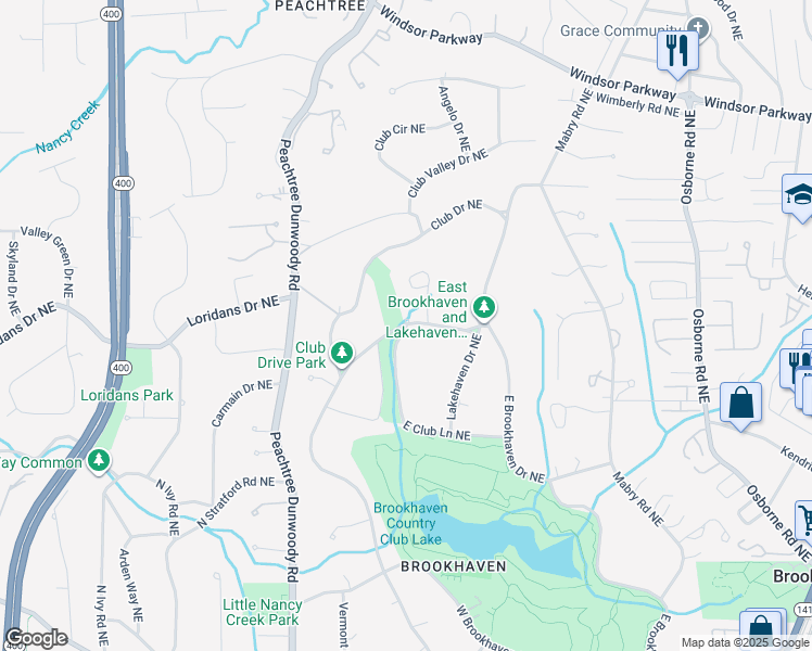 map of restaurants, bars, coffee shops, grocery stores, and more near 1299 E Club Ln NE in Atlanta