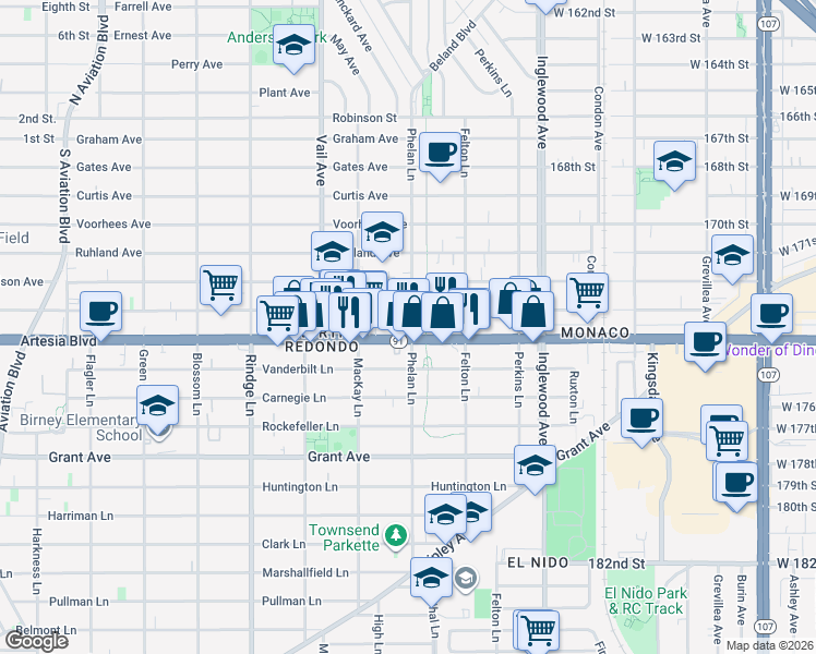 map of restaurants, bars, coffee shops, grocery stores, and more near 2423 Artesia Boulevard in Redondo Beach