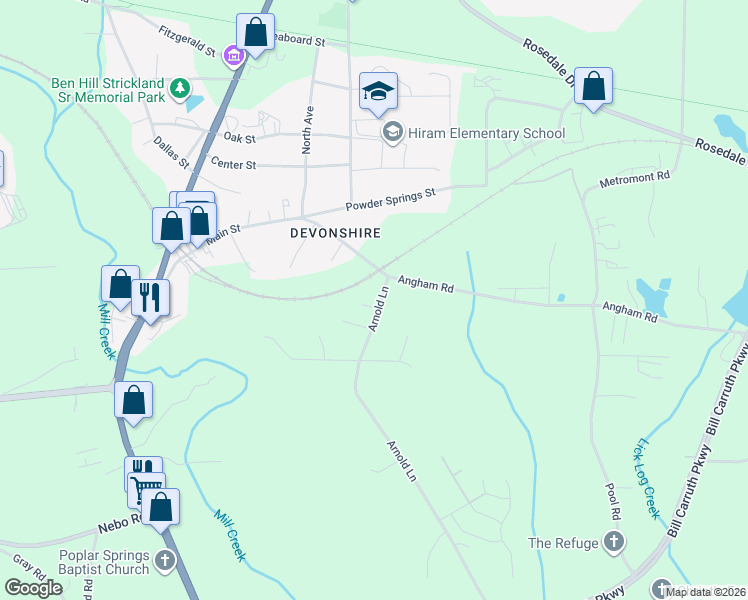 map of restaurants, bars, coffee shops, grocery stores, and more near 14 Combine Court in Hiram