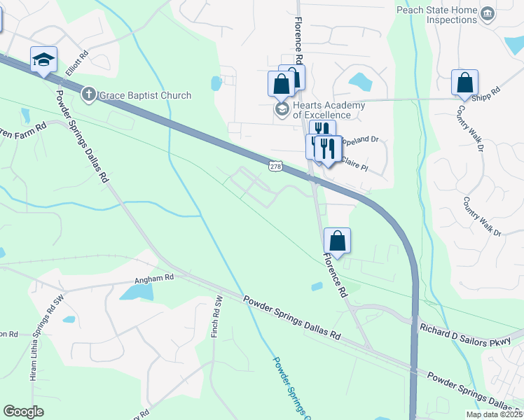 map of restaurants, bars, coffee shops, grocery stores, and more near 3339 Thornbridge Drive in Powder Springs