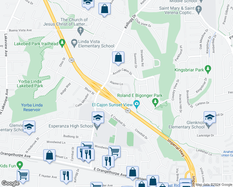 map of restaurants, bars, coffee shops, grocery stores, and more near 19083 Rockwood Drive in Yorba Linda