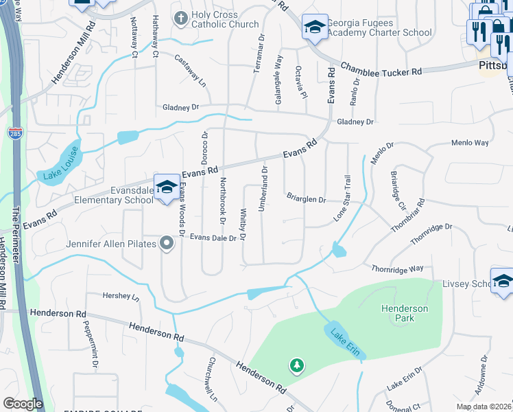 map of restaurants, bars, coffee shops, grocery stores, and more near 2914 Umberland Drive in Doraville