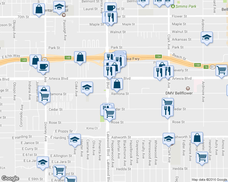 map of restaurants, bars, coffee shops, grocery stores, and more near 17444 Lakewood Boulevard in Bellflower