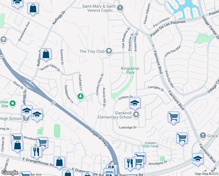 map of restaurants, bars, coffee shops, grocery stores, and more near 6071 Brookmont Drive in Yorba Linda