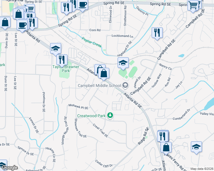 map of restaurants, bars, coffee shops, grocery stores, and more near 1902 New Haven Court Southeast in Smyrna