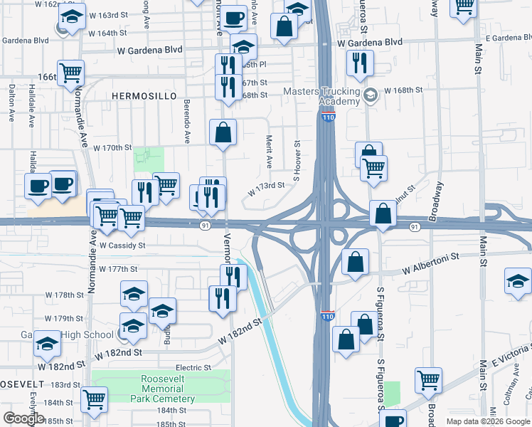 map of restaurants, bars, coffee shops, grocery stores, and more near 702 West 173rd Place in Gardena