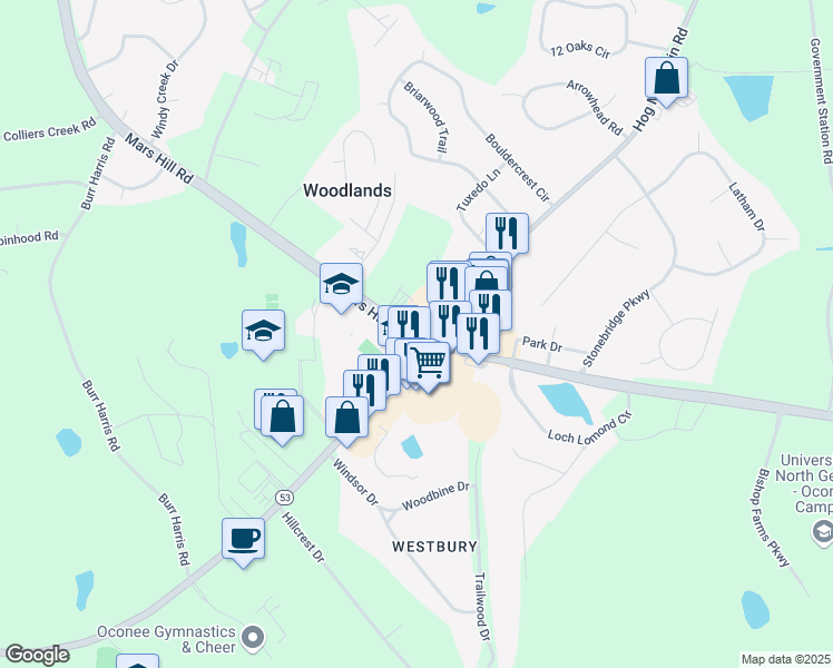 map of restaurants, bars, coffee shops, grocery stores, and more near 1101 Mars Hill Road in Watkinsville