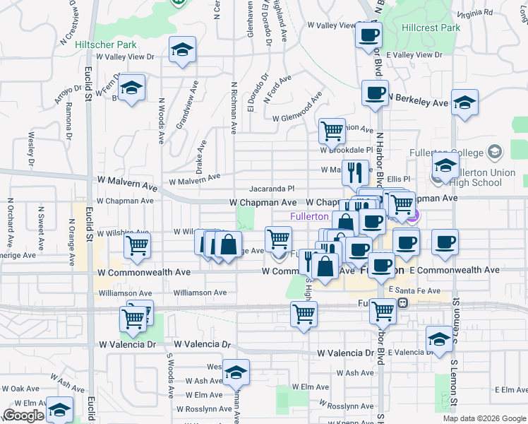 map of restaurants, bars, coffee shops, grocery stores, and more near 351 North Ford Avenue in Fullerton