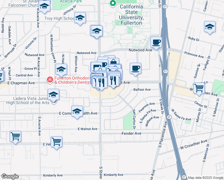 map of restaurants, bars, coffee shops, grocery stores, and more near 2442 East Chapman Avenue in Fullerton