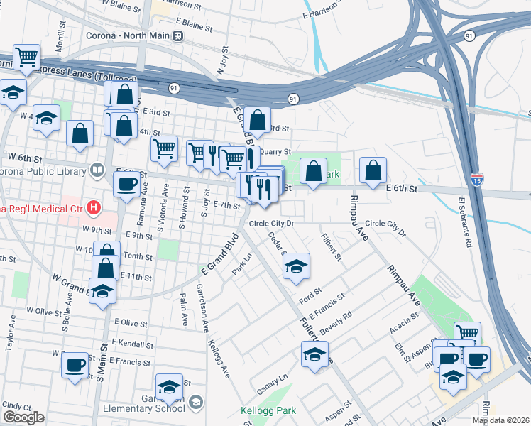 map of restaurants, bars, coffee shops, grocery stores, and more near Corona Drive in Los Angeles