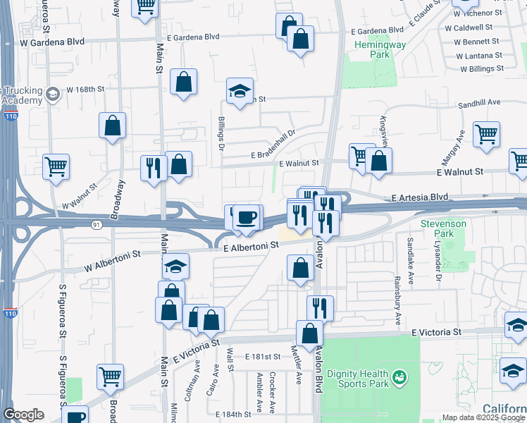 map of restaurants, bars, coffee shops, grocery stores, and more near 17347 Towne Court in Carson