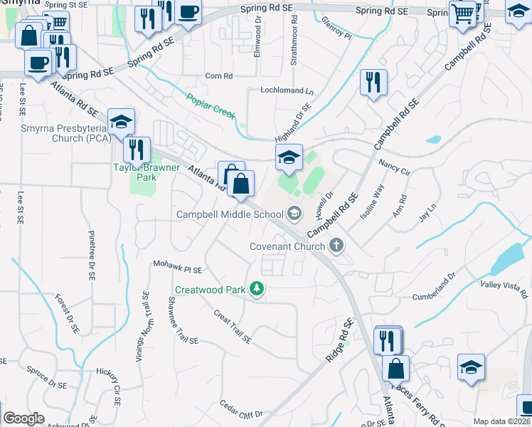 map of restaurants, bars, coffee shops, grocery stores, and more near 37 Villa Court Southeast in Smyrna