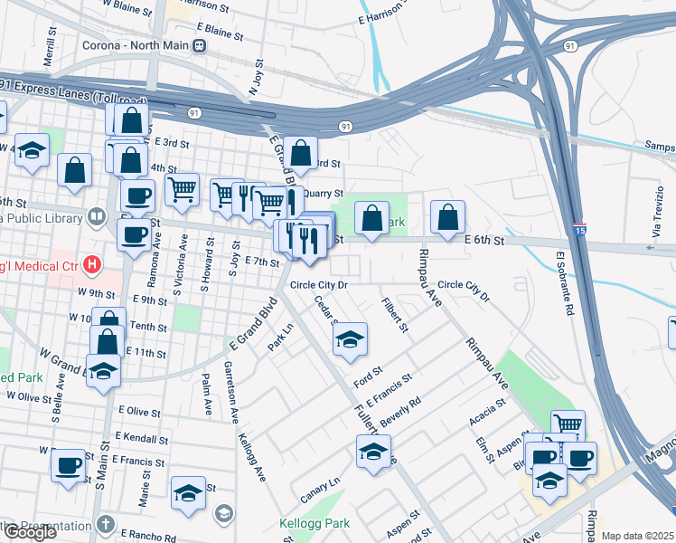 map of restaurants, bars, coffee shops, grocery stores, and more near 1010 Margarita Drive in Corona
