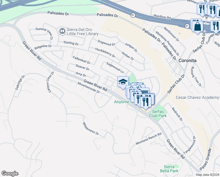 map of restaurants, bars, coffee shops, grocery stores, and more near 3100 Altura Court in Corona