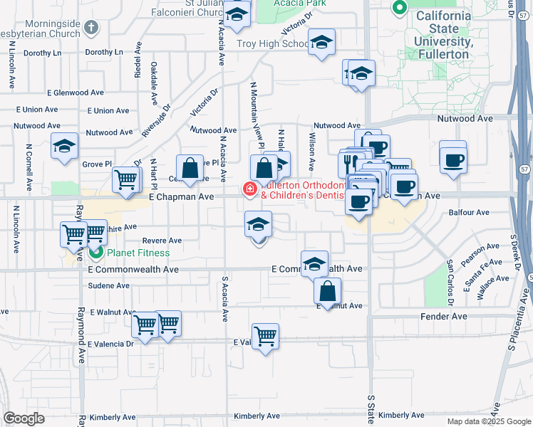 map of restaurants, bars, coffee shops, grocery stores, and more near 2012 East Whiting Avenue in Fullerton