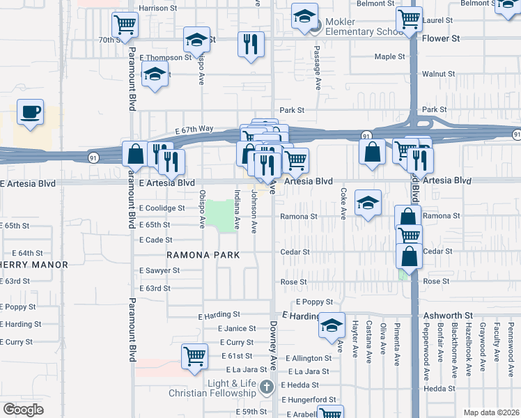 map of restaurants, bars, coffee shops, grocery stores, and more near 3445 East 65th Street in Long Beach