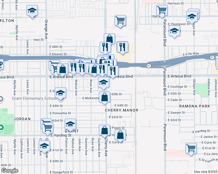 map of restaurants, bars, coffee shops, grocery stores, and more near 6510 Cherry Avenue in Long Beach