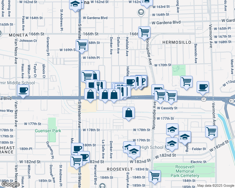 map of restaurants, bars, coffee shops, grocery stores, and more near 8 Artesia Boulevard in Gardena