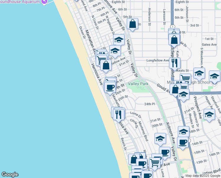 map of restaurants, bars, coffee shops, grocery stores, and more near 2704 Hermosa Avenue in Hermosa Beach